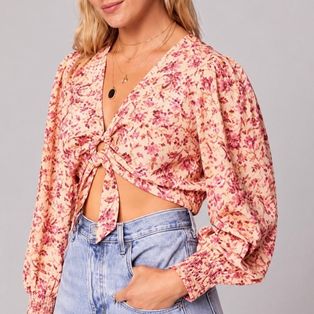B.O.G. Collective Floral Tie Front Crop Blouse Puff Sleeve Women’s M